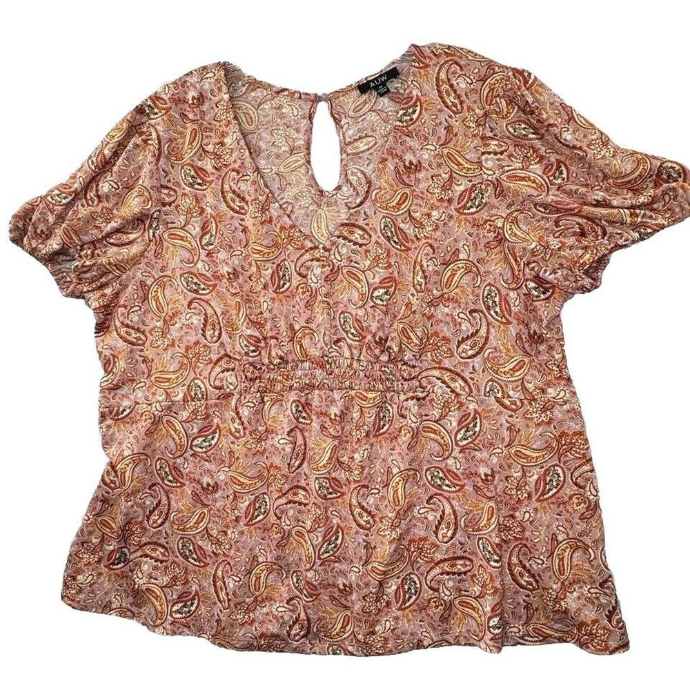 AUW Babydoll‎ Top Womens Plus 2X Paisley Print Short Sleeve Boho Casual Everyday